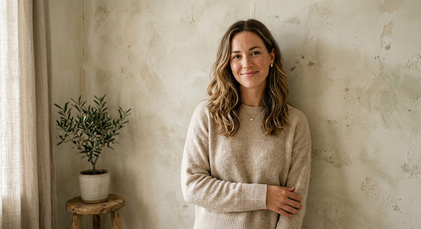 A woman standing calmly against a textured plaster wall