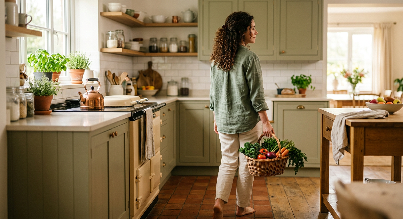 A woman carrying fresh vegetables through her kitchen