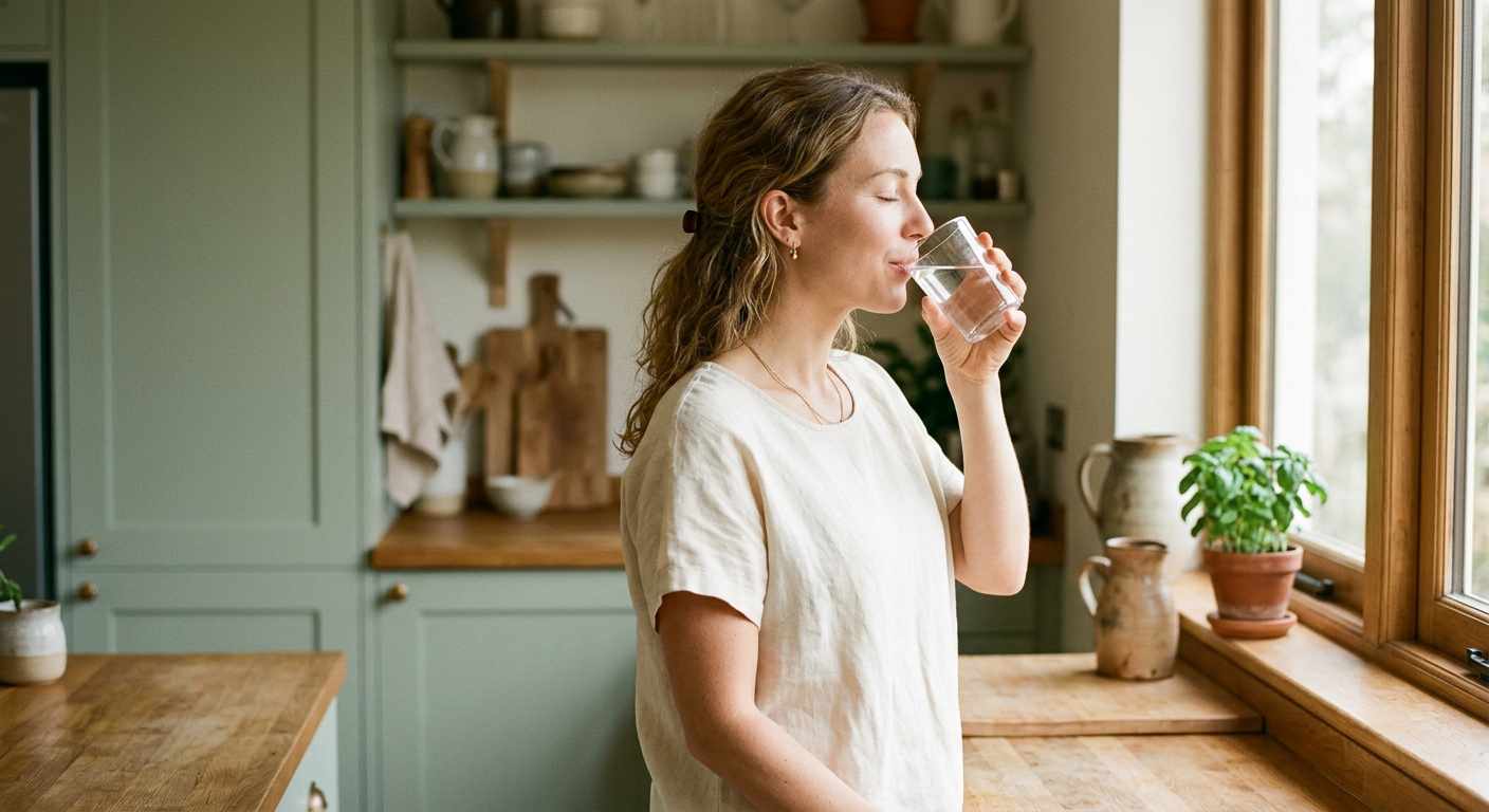 A woman pausing to drink a glass of water