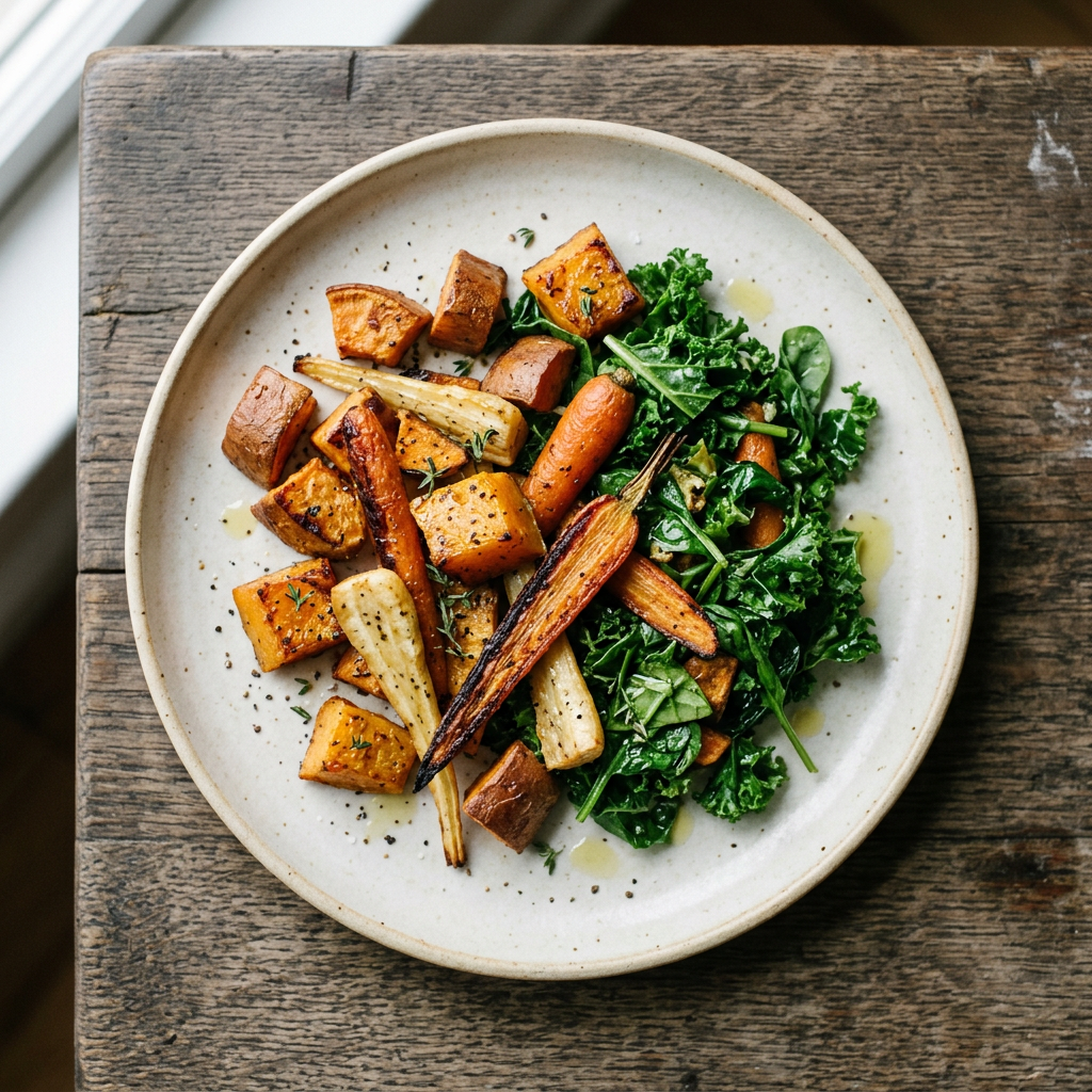 A plate of roasted root vegetables and greens