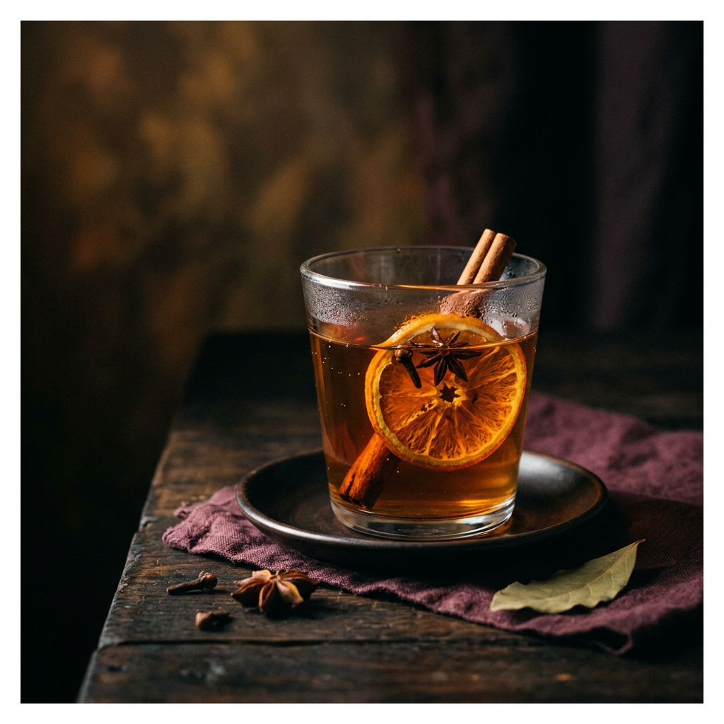 A cup of herbal tea with cinnamon and orange
